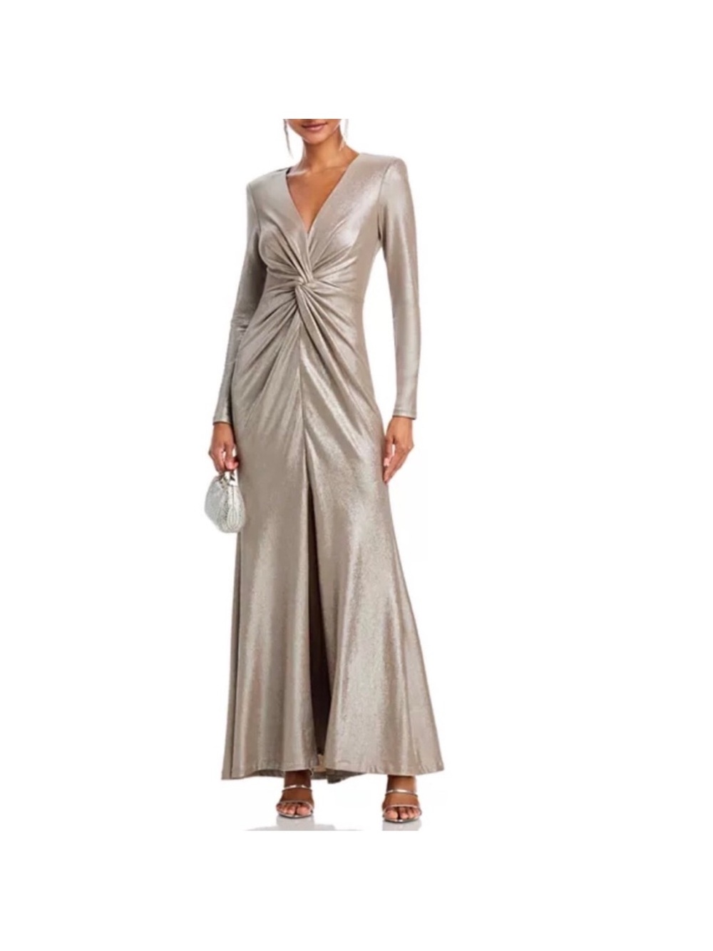 Eliza J Metallic Twist-Front Long Sleeve Gown - Champagne Gold